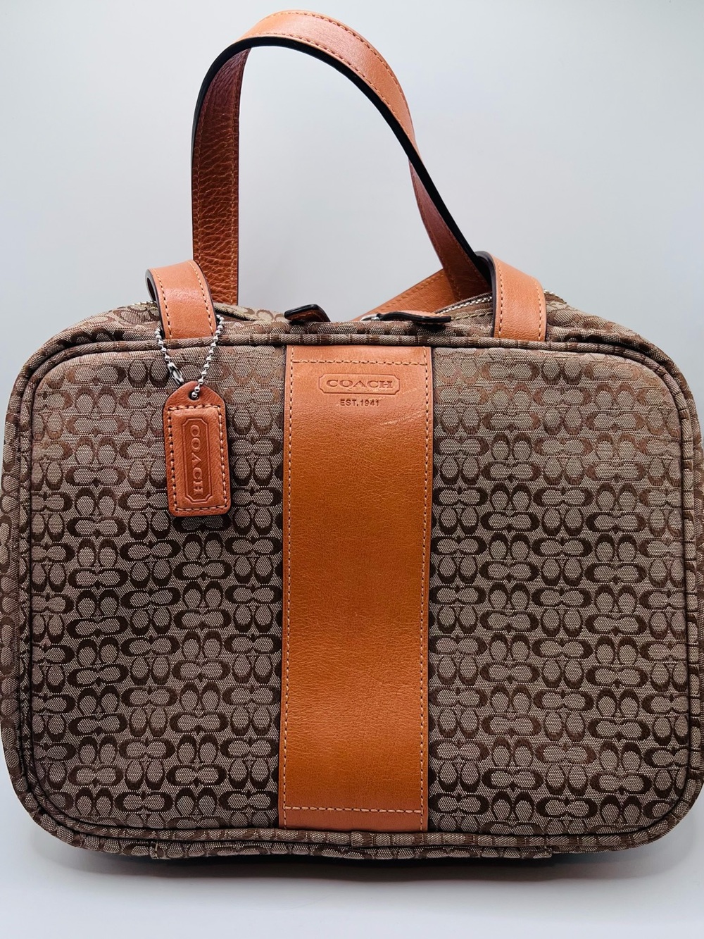 Coach Signature Jacquard Brown Tan Leather Handle Organizer Travel Bag Case 10”